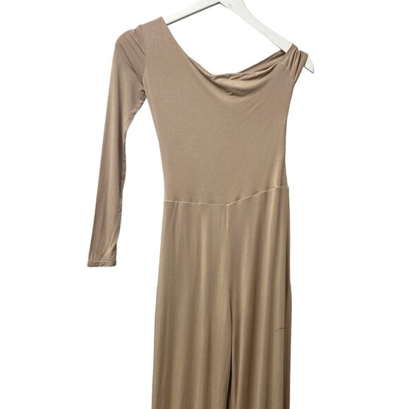 DIOSA Jumpsuit Size Medium Stretch Knit Beige High Slit One Shoulder Cut out - Picture 2 of 8
